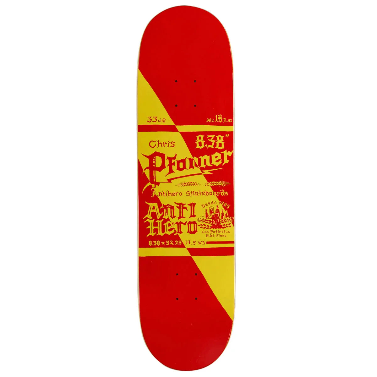 A red and yellow skateboard deck with 'Chris Pfanner Anti Hero' printed in yellow on the center, shown against a plain white background.
