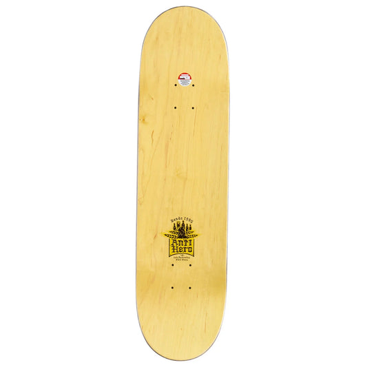 The underside of a skateboard deck made of light natural wood, featuring a yellow and black 'Anti-hero' logo near the center and a small sticker at the nose, shown against a plain white background.