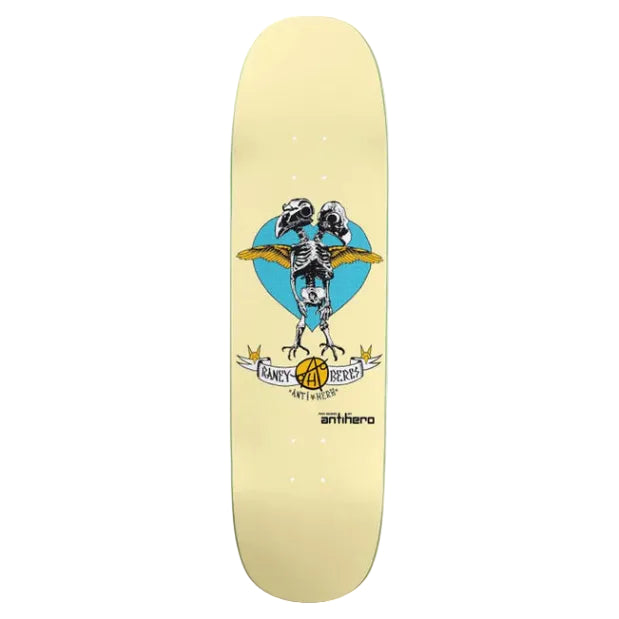 Skateboard deck with skeleton design and 'anhero' branding on a white background