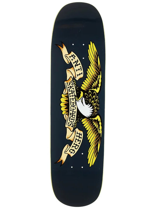 Skateboard deck with an eagle design and text on a black background