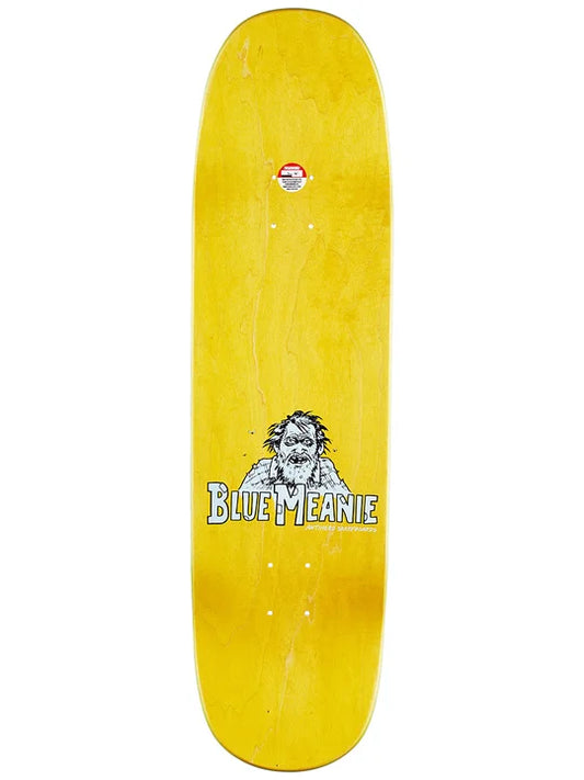 Yellow skateboard deck with a graphic of a bearded character and 'Blue Meanie' text on a white background