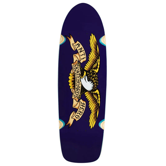 A dark navy blue skateboard deck featuring a large graphic of a golden eagle with a banner that reads 'antihero SKATEBOARD'.