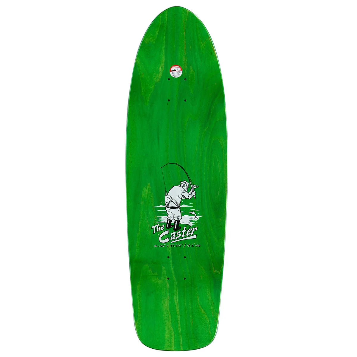 A bright green skateboard deck with a white graphic of a fisherman and the text 'The Life is Easy' in the center, shown against a plain white background.