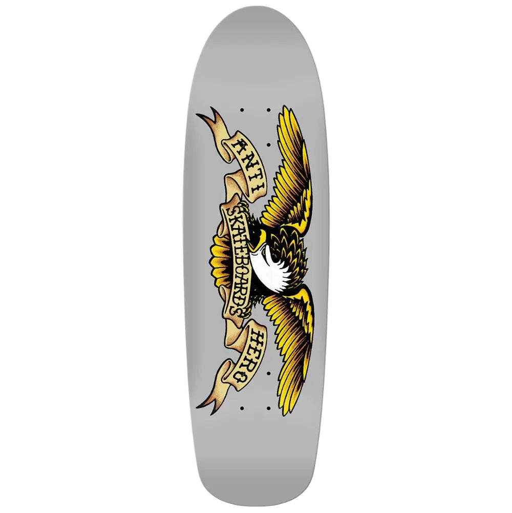 Skateboard deck with eagle design and text on a gray background
