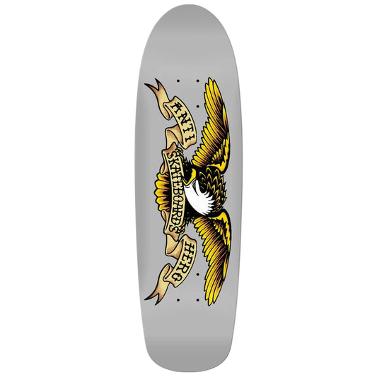 Skateboard deck with eagle design and text on a gray background
