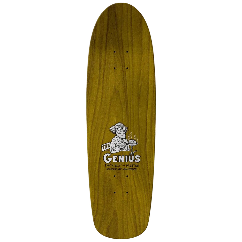 Wooden skateboard deck with a printed design on a white background