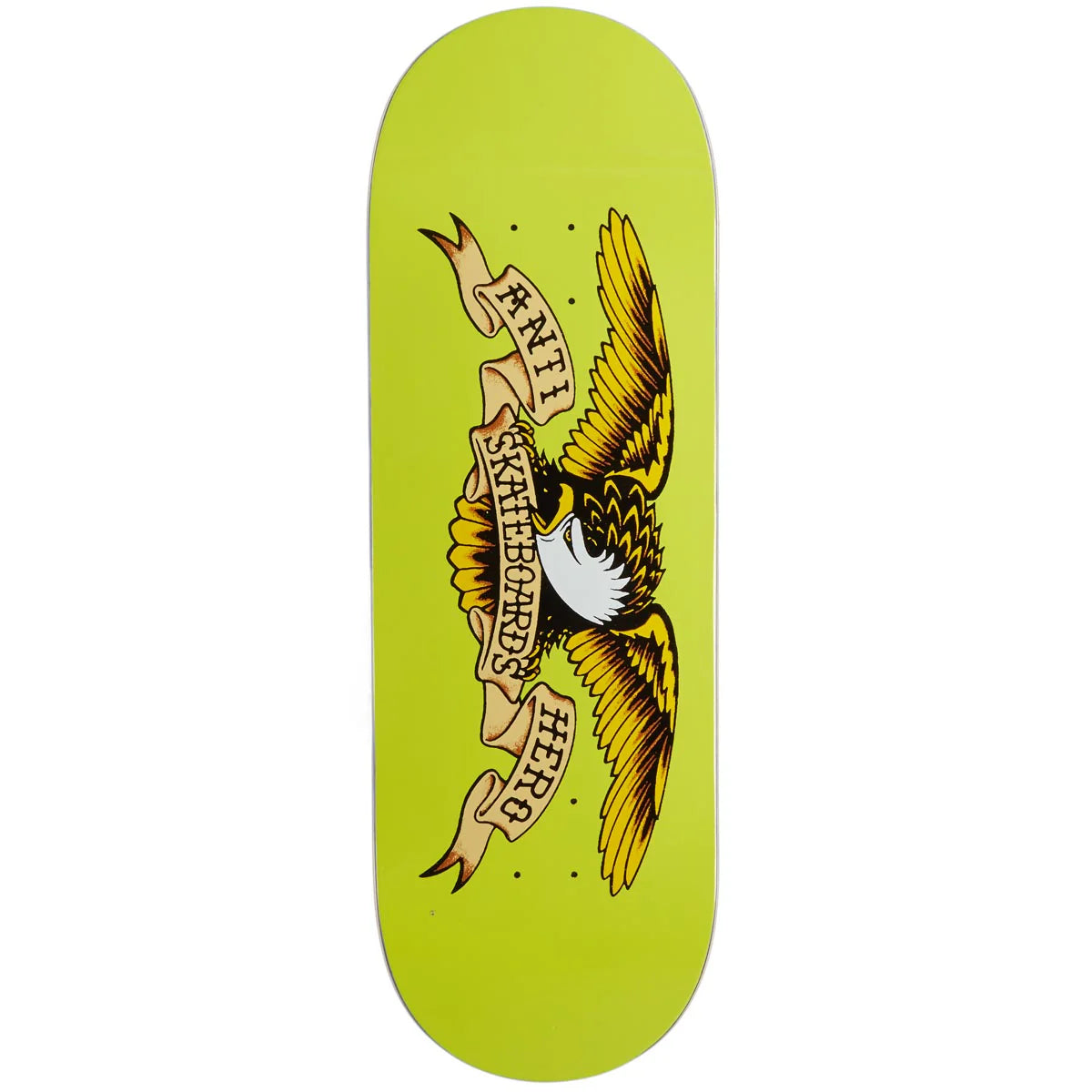 Skateboard deck with eagle design and text on a green background