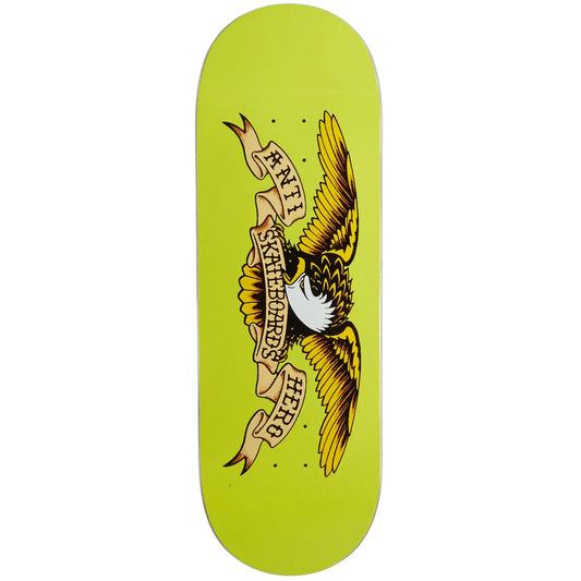 Skateboard deck with eagle design and text on a green background