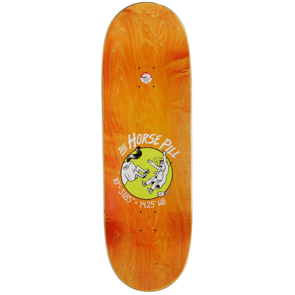 Skateboard deck with 'The Horse Pill' graphic design on a white background