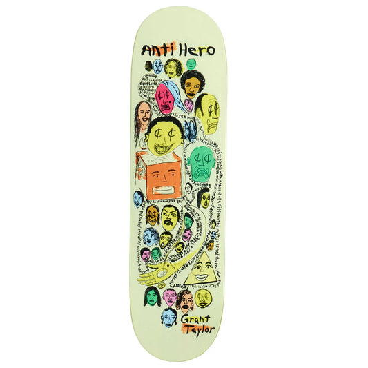 An Anti Hero skateboard deck featuring a pale yellow-green background covered in colorful graffiti-style drawings of faces and text, including the 'Anti Hero' brand name at the top and 'Grant Taylor' at the bottom.