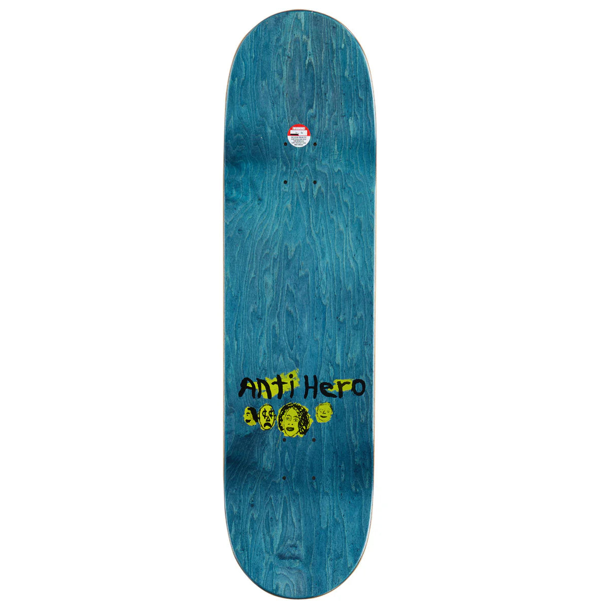 A skateboard deck with a blue wood-grain finish, featuring a yellow and black Anti Hero logo near the bottom.