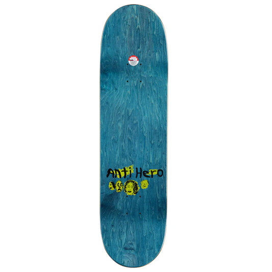 A skateboard deck with a blue wood-grain finish, featuring a yellow and black Anti Hero logo near the bottom.