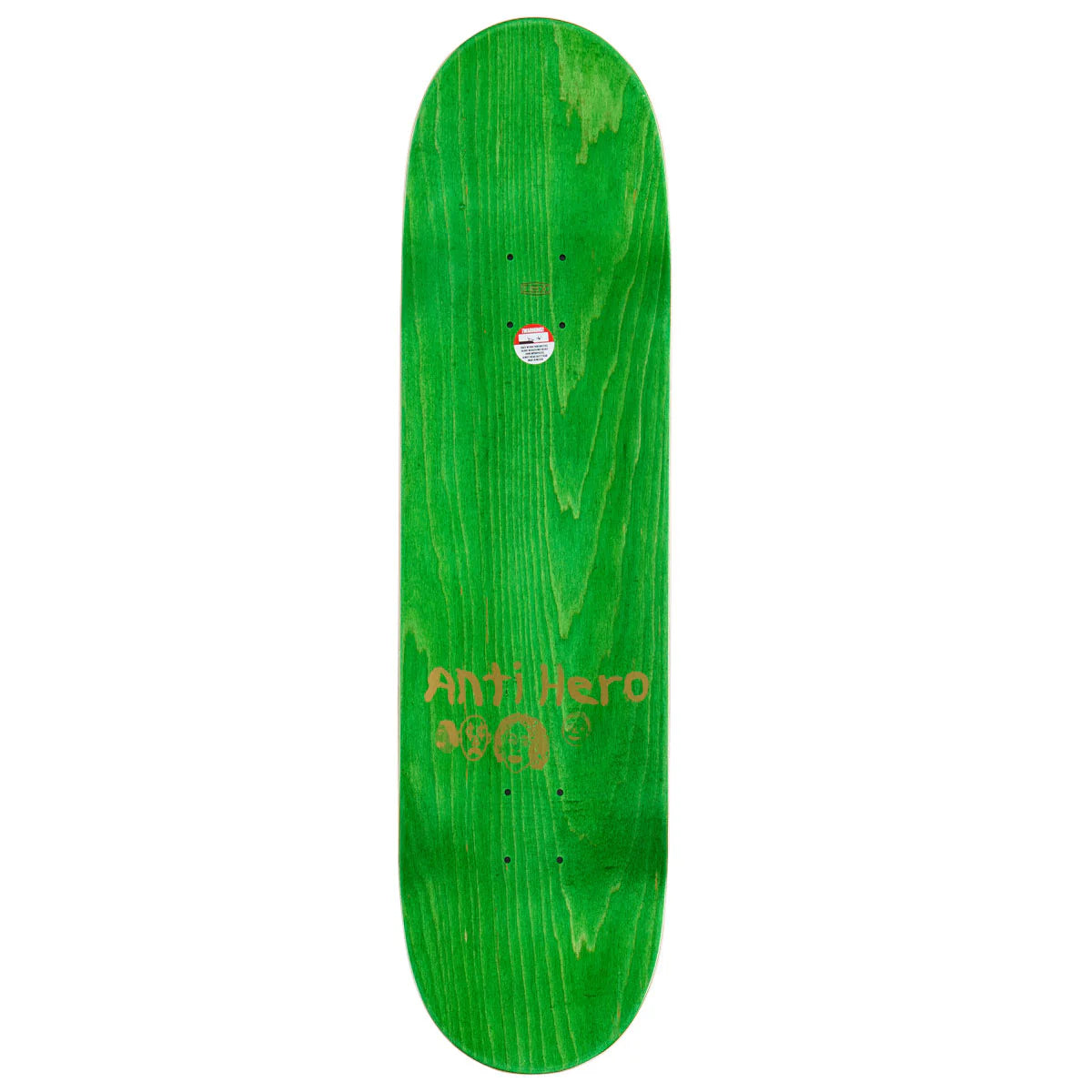 A green skateboard deck with a natural wood grain pattern and the 'Anti Hero' brand name printed in yellow near the bottom, shown against a plain white background.