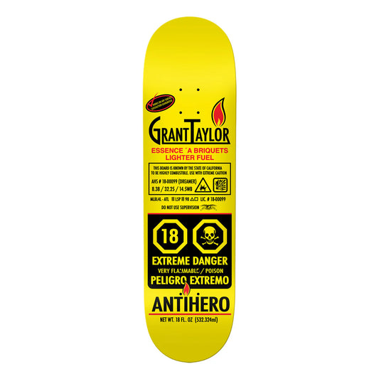 Skateboard deck with Grant Taylor and Antihero branding on a yellow background