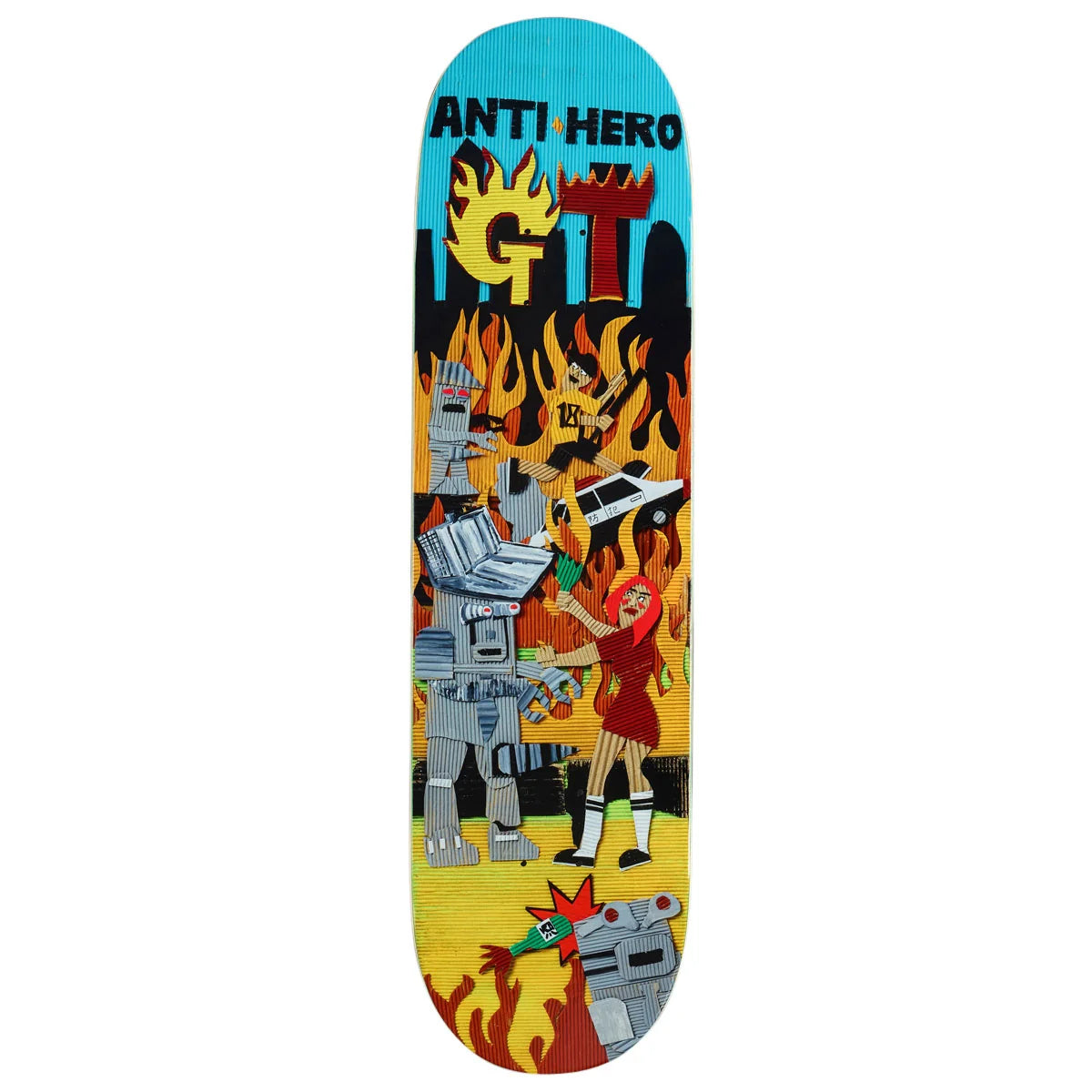 An Anti Hero GT skateboard deck featuring a vibrant, detailed graphic illustration with flames, robots, and a character on a light blue background.