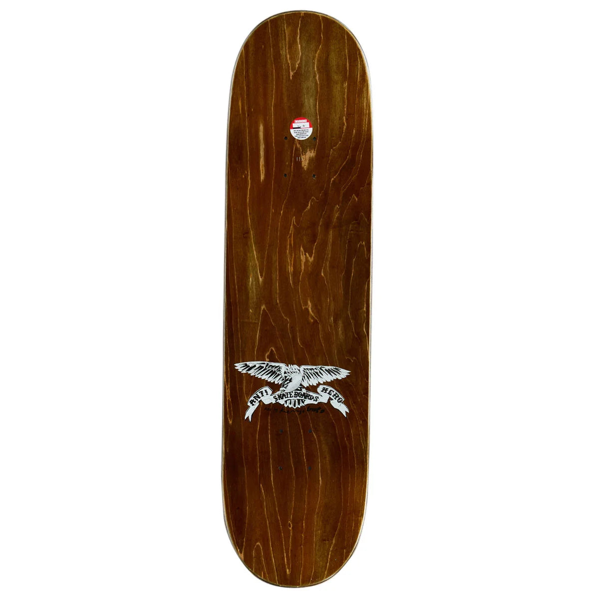 A skateboard deck with a glossy brown wood grain finish, featuring a white graphic of a flying eagle with a skateboard underneath, shown against a plain white background.