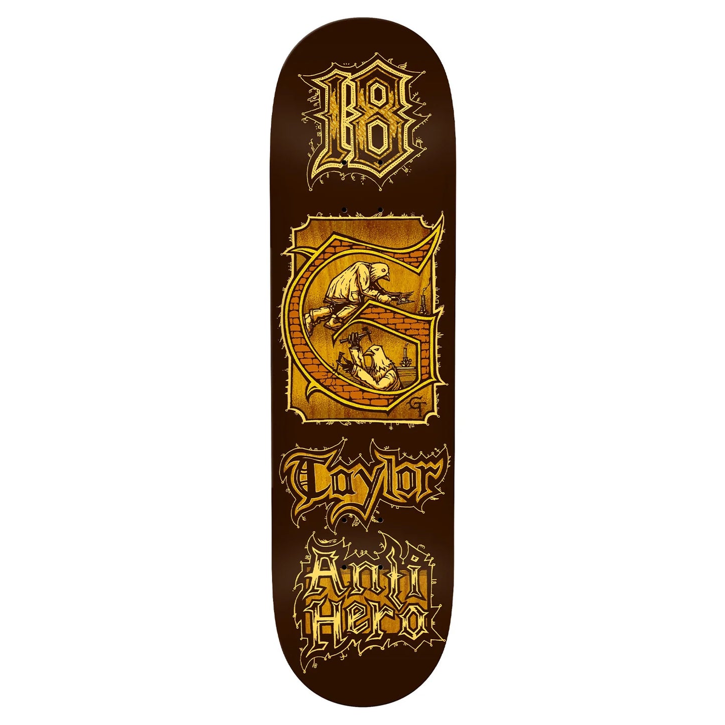 Skateboard deck with gold graphics and text on a brown background