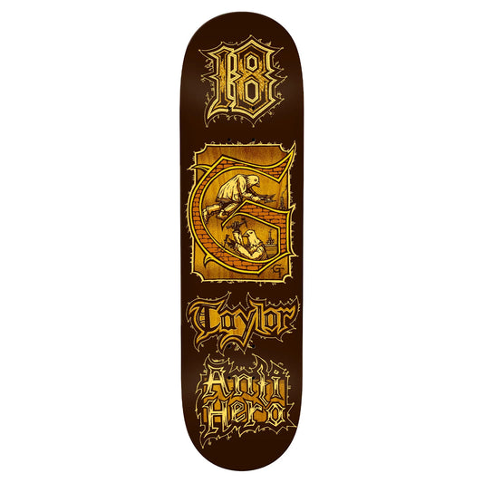 Skateboard deck with gold graphics and text on a brown background