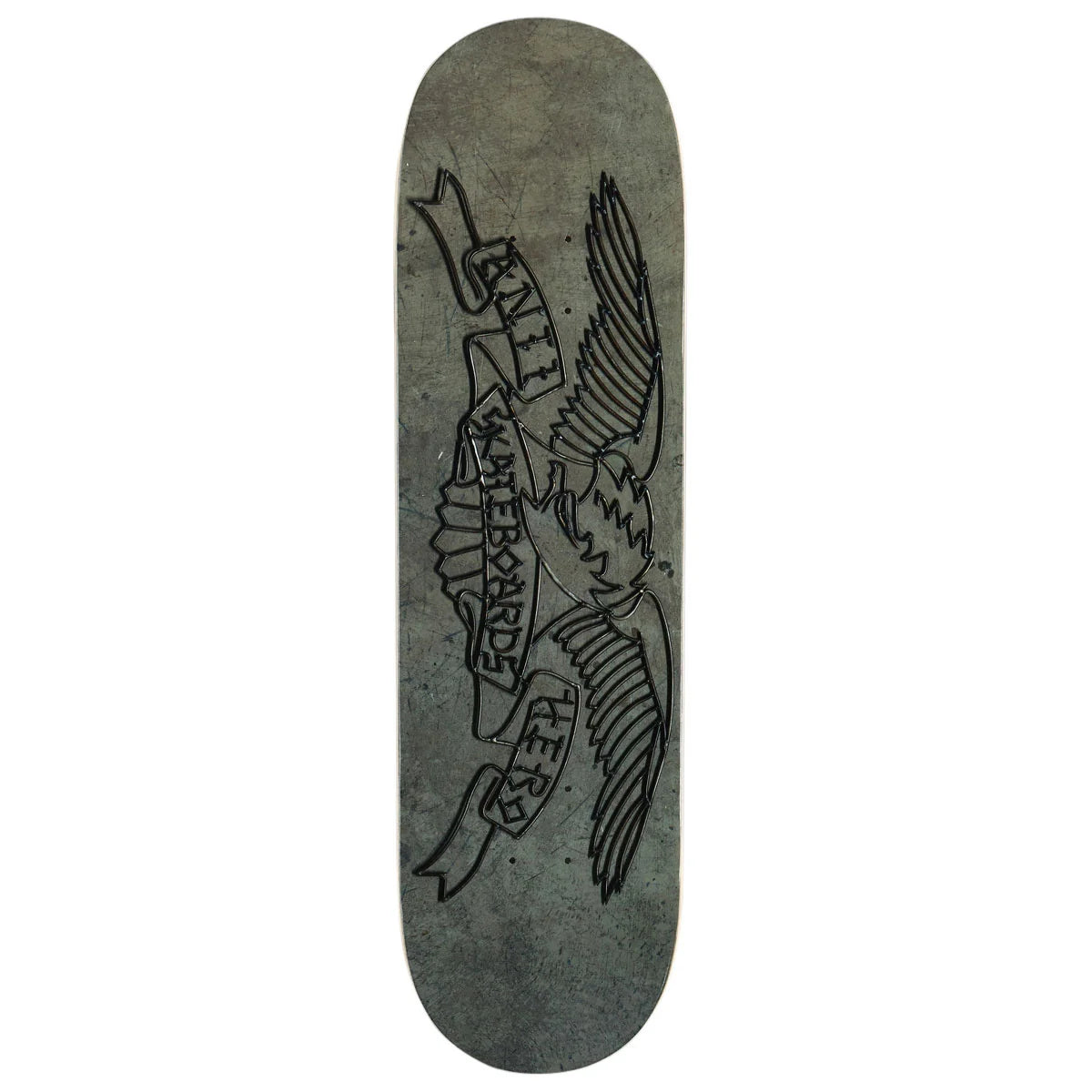 A skateboard deck with a distressed gray wood-grain finish, featuring a black graphic of an eagle clutching banners that read 'Antihero skateboards'.