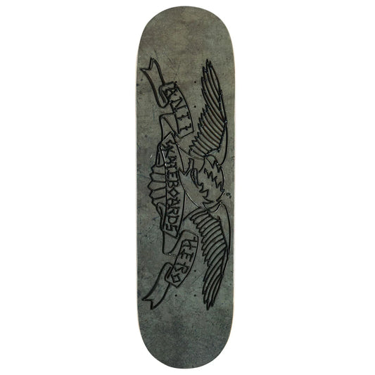 A skateboard deck with a distressed gray wood-grain finish, featuring a black graphic of an eagle clutching banners that read 'Antihero skateboards'.