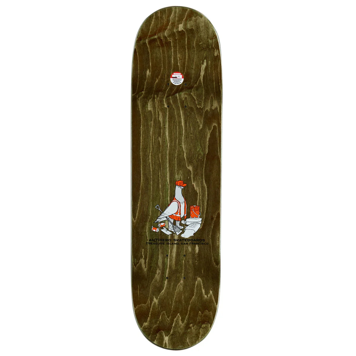 A skateboard deck with a dark brown wood grain finish, featuring a graphic of a white goose wearing an orange and white suit with a red hat, set against a plain white background.