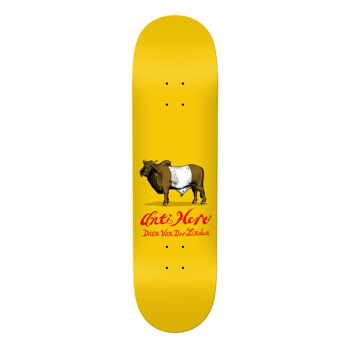 Yellow skateboard deck with a bull graphic and 'Anti-Hero' branding on a white background