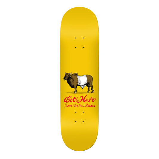 Yellow skateboard deck with a bull graphic and 'Anti-Hero' branding on a white background