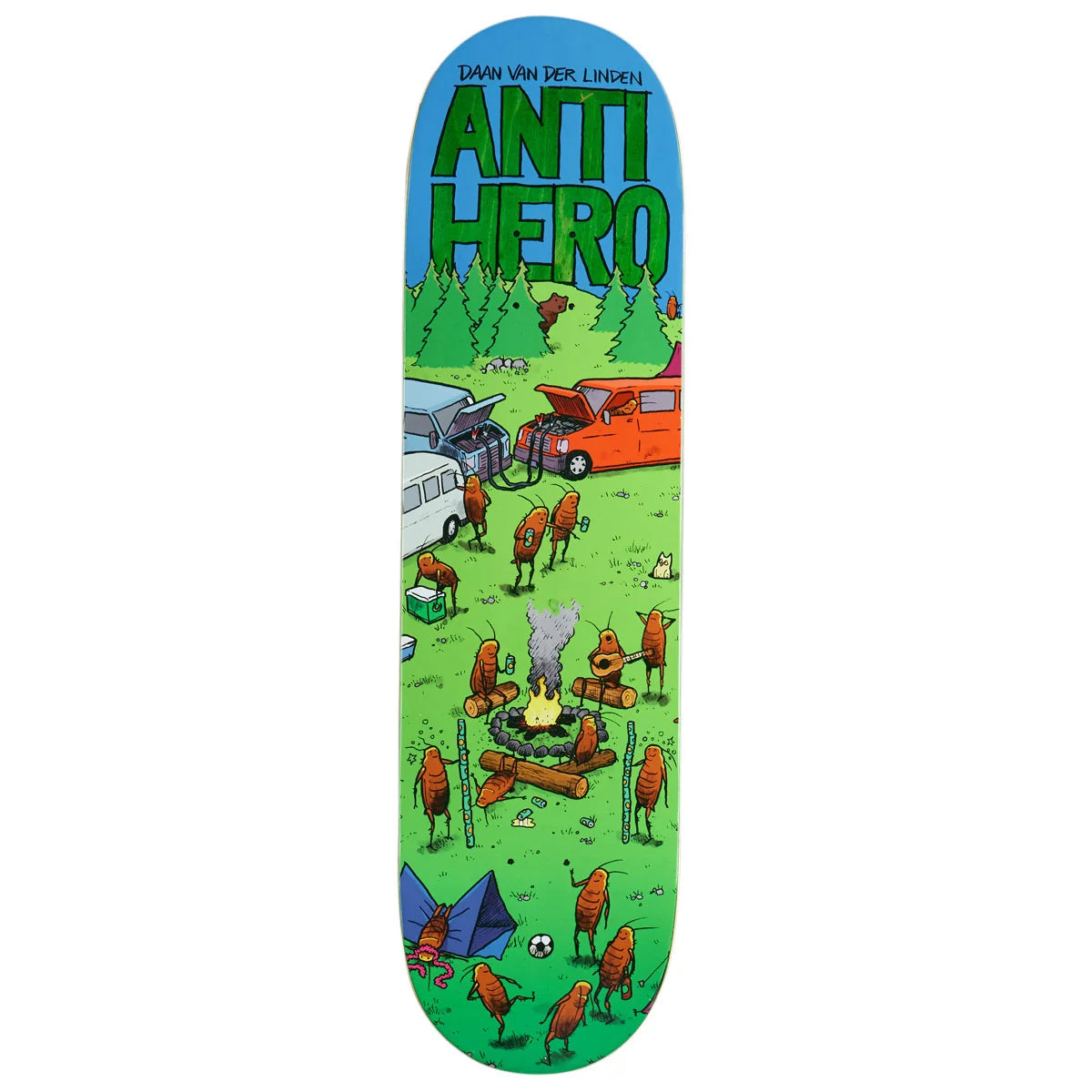 A skateboard deck featuring a colorful cartoon illustration of a campsite with trees, cars, and many small brown bugs, with the text 'DAWN VAN DER LINDEN' and 'ANTI HERO' on a blue sky background.