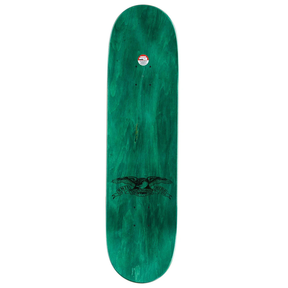 A green skateboard deck with a natural wood grain pattern, featuring a black eagle graphic and the text 'EAGLE' and 'antihero' near the bottom, and a small circular sticker near the top. The deck is shown vertically against a plain white background.