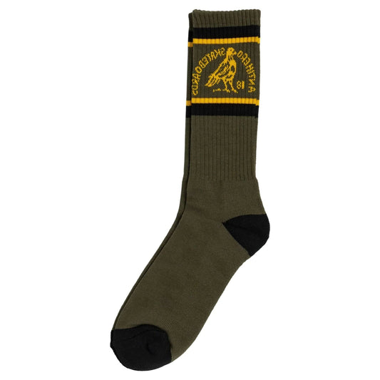 Green sock with yellow and black band featuring a logo on a white background