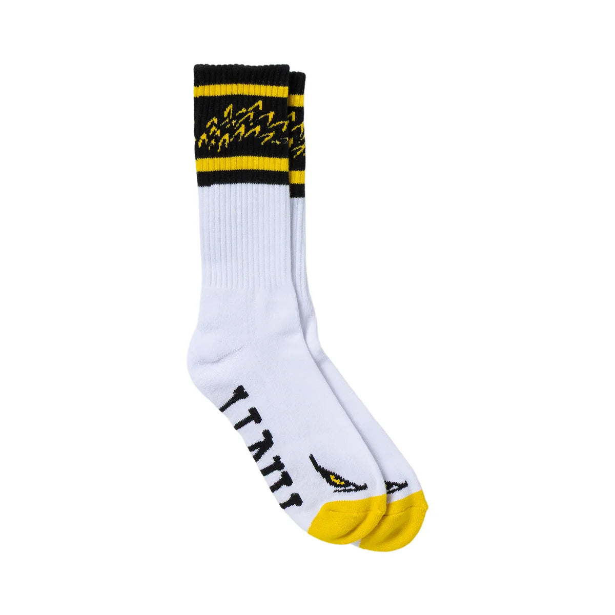 A pair of white crew socks with black and yellow athletic stripes near the cuff, black lettering on the sole, and a yellow toe cap, shown against a plain white background.