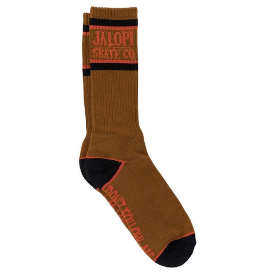 Brown sock with red and black text on a white background
