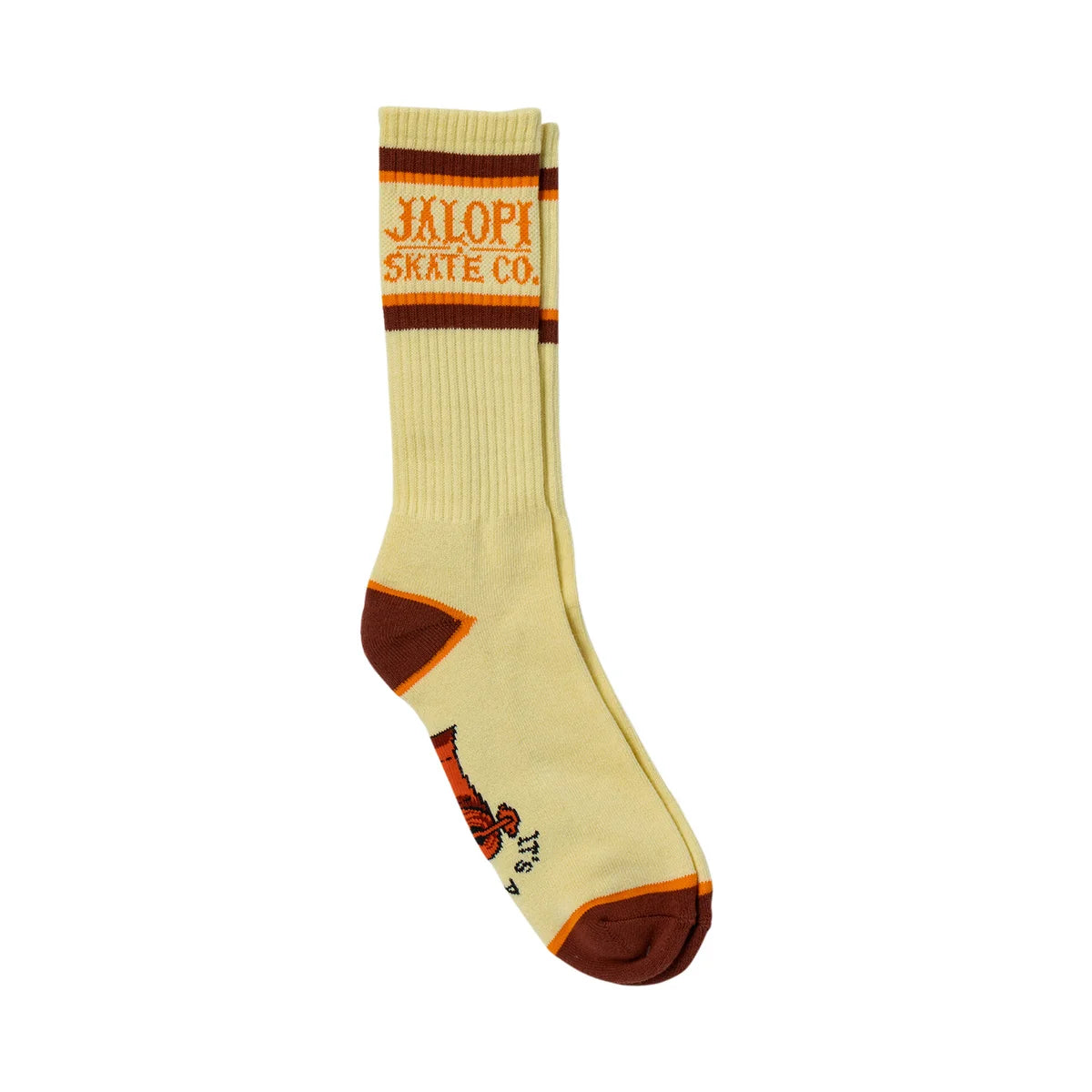 A single crew sock in a pale cream color with brown and orange stripes at the cuff, featuring the text 'JALOPI SKATE CO.' in orange.