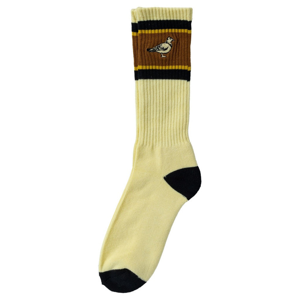 Beige sock with brown and black stripes on a white background