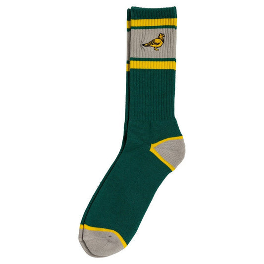 Green sock with gray and yellow accents on a white background