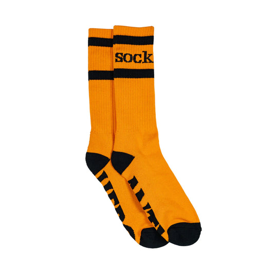 Orange socks with black accents and 'sock' text on a white background