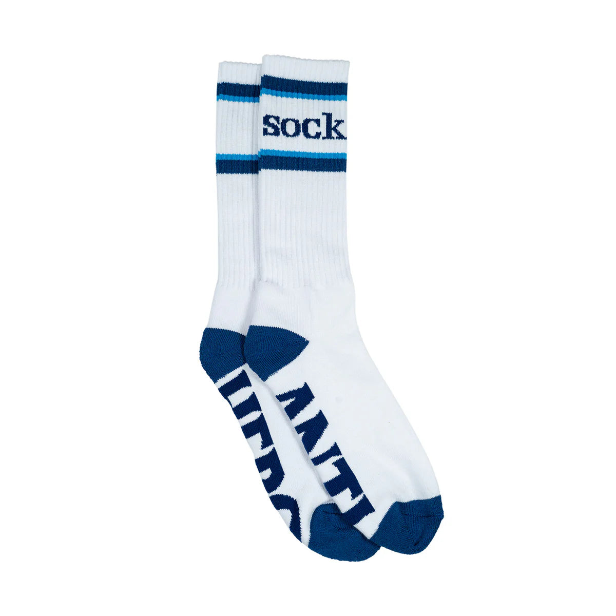 White socks with blue accents and text on a white background