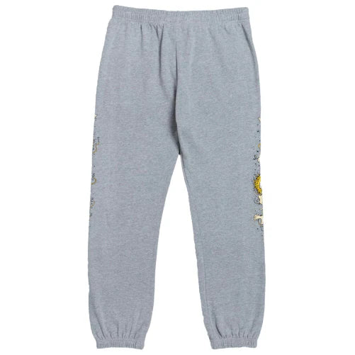 Gray sweatpants with cartoon character prints on a white background