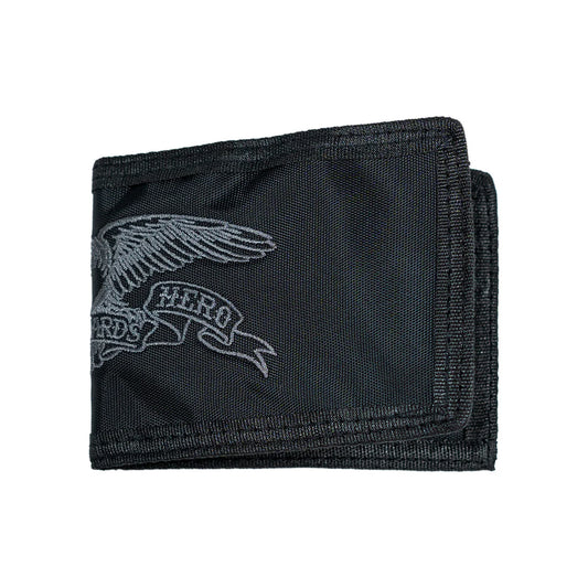 Black wallet with embroidered design on a white background