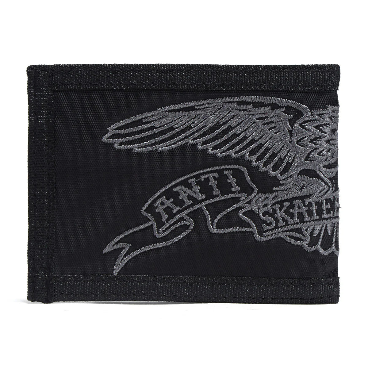 Black wallet with 'Anti Skater' eagle emblem on a white background