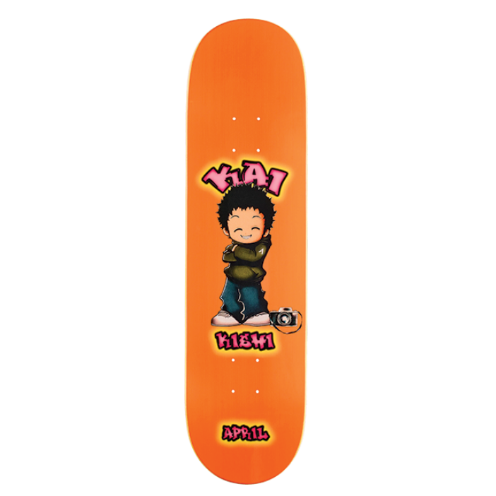 Orange skateboard deck with a cartoon character and text on a white background