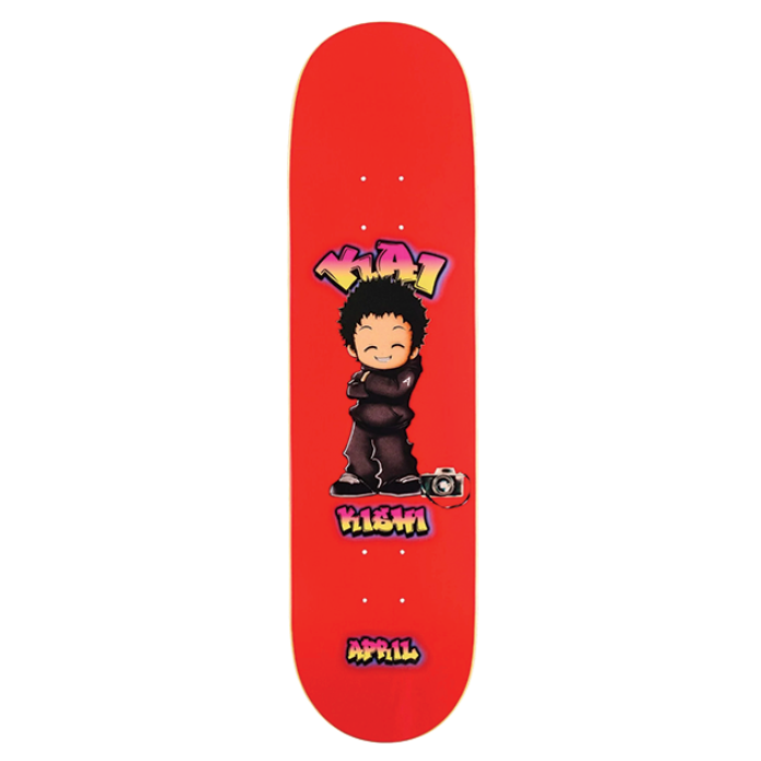 Red skateboard deck with a character design on a white background