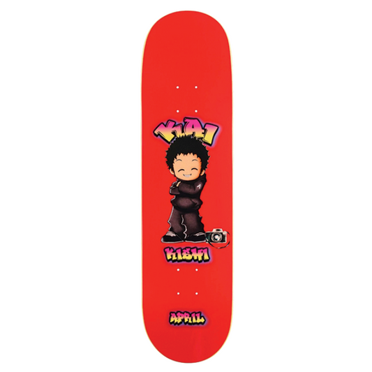 Red skateboard deck with a character design on a white background