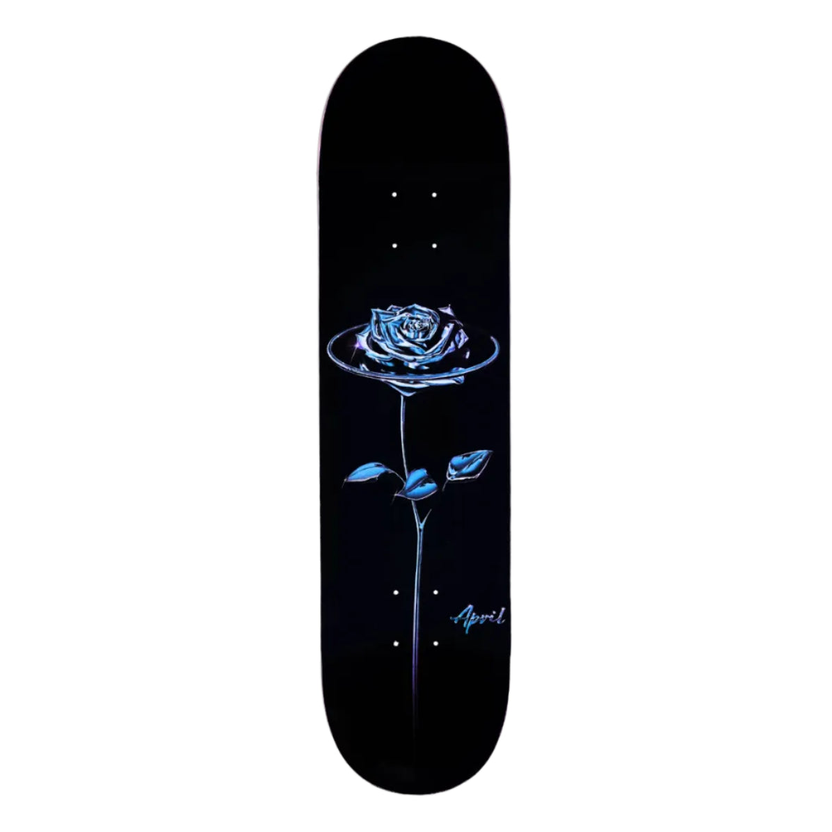 Black skateboard deck with a blue rose design on a white background