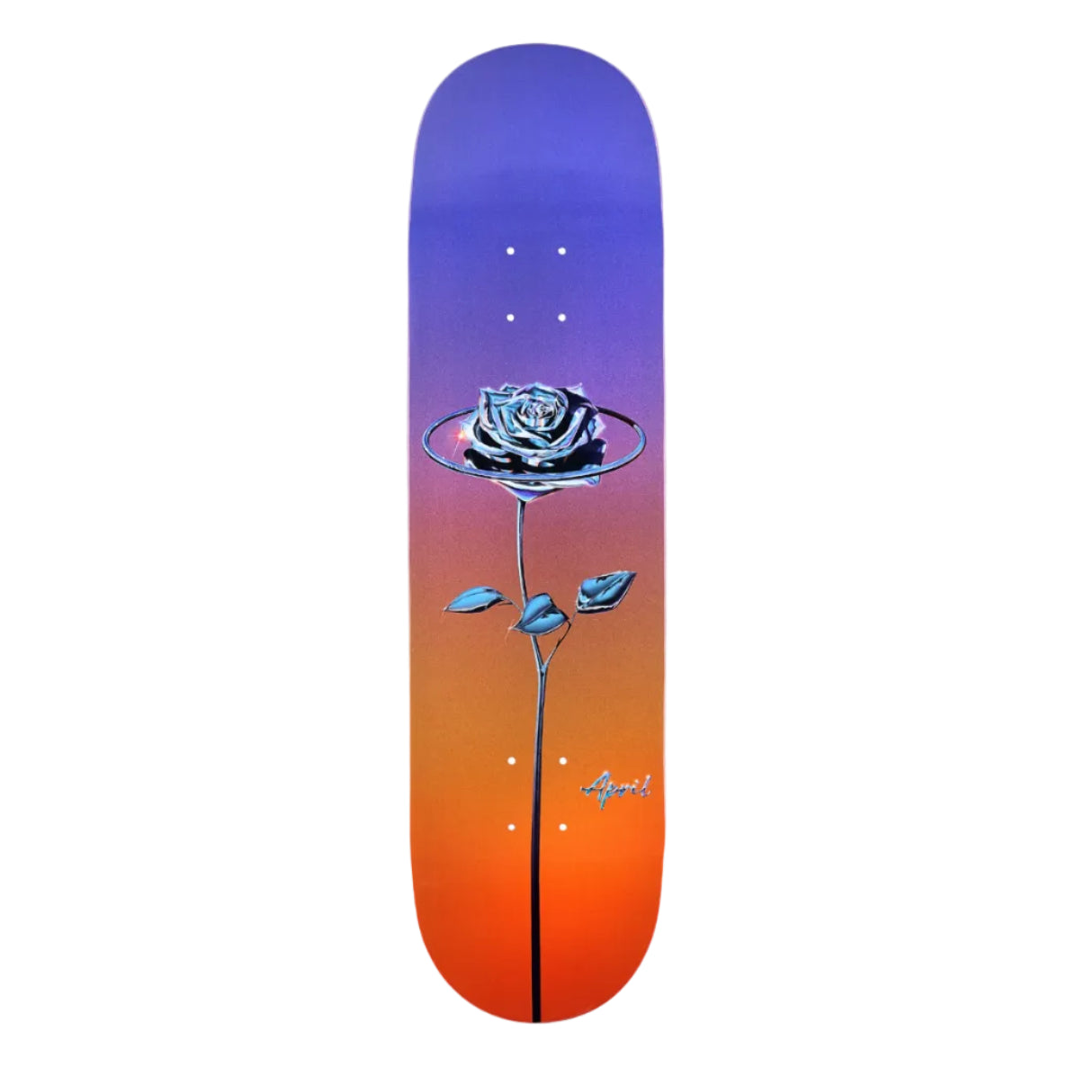 Skateboard deck with a rose design on a gradient purple to orange background