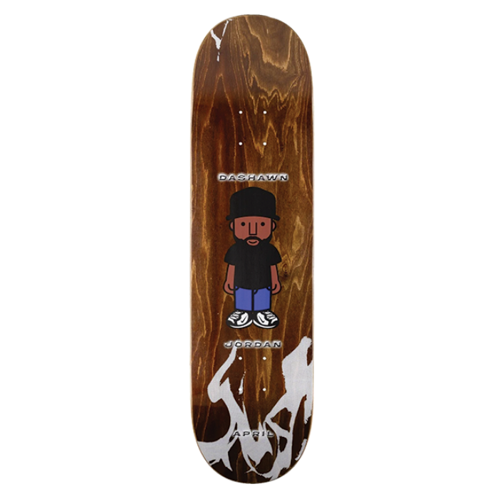 Skateboard deck with a graphic design on a white background