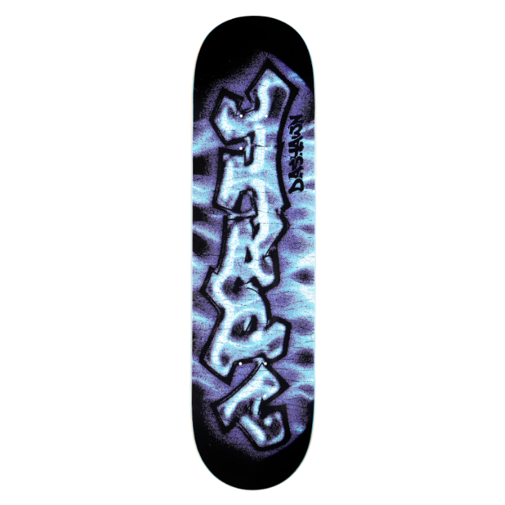 Skateboard deck with a purple and blue design on a white background