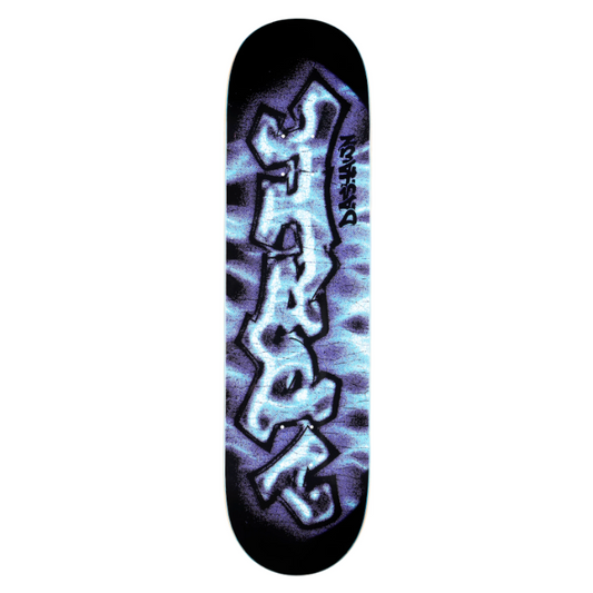 Skateboard deck with a purple and blue design on a white background