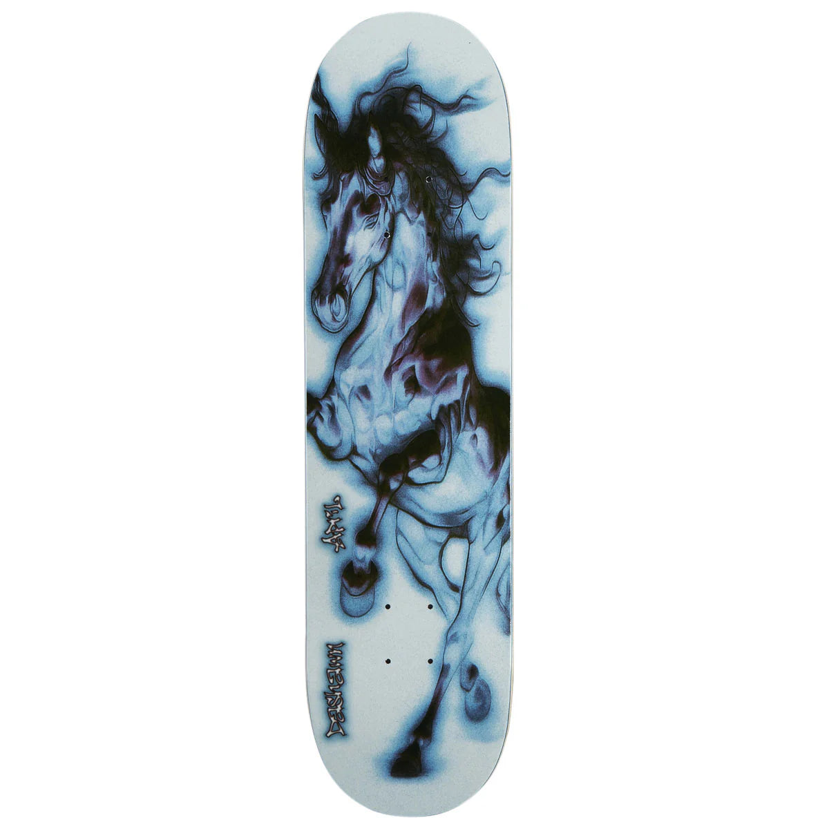 A skateboard deck featuring a stylized black and blue horse graphic on a pale blue background, shown vertically against a plain white backdrop.