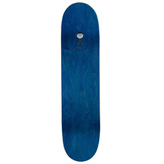 A blue wooden skateboard deck with a natural wood grain texture and a small white logo near the center, shown vertically against a plain white background.